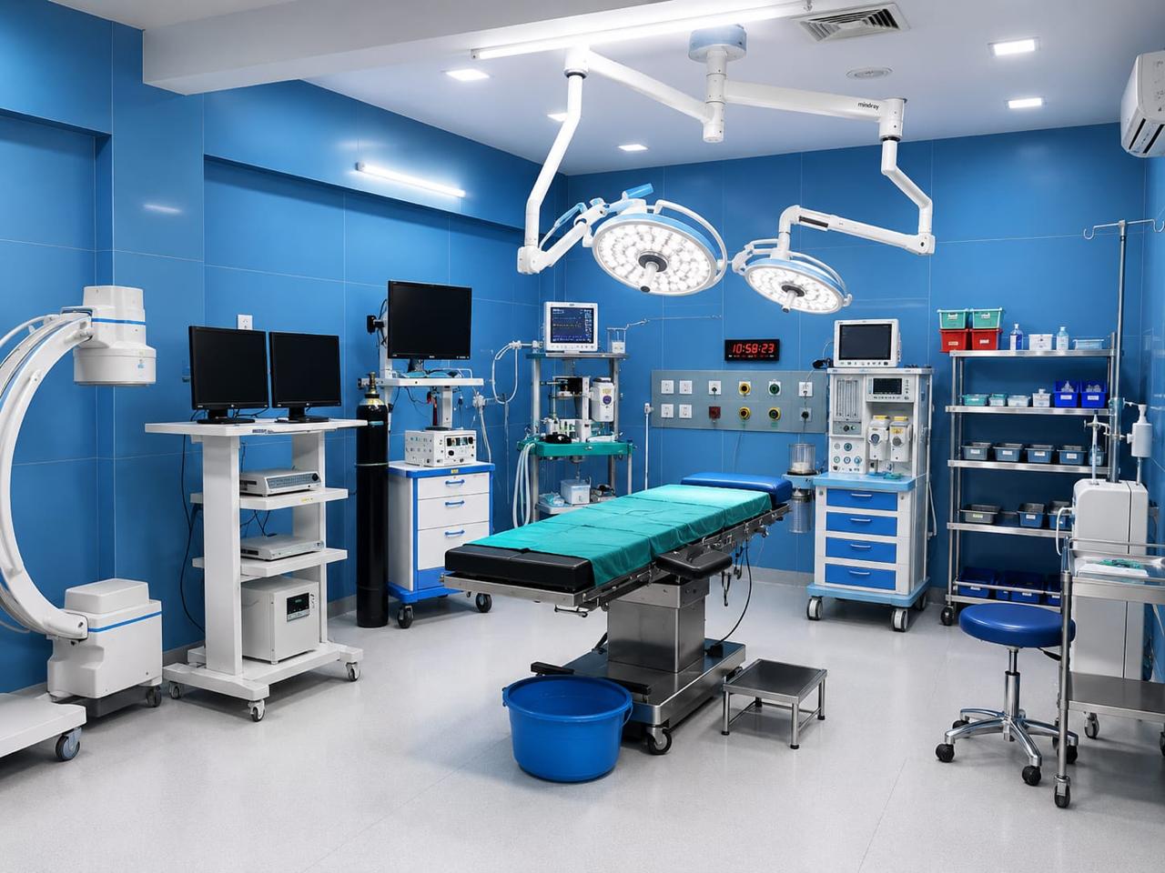 Modern operation theatre at Rakshitha Hospital with surgical lights, monitors and advanced equipment
